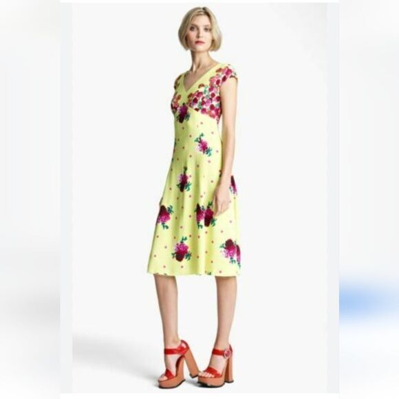 MARC JACOBS Polka Dot & Floral Print Romantic Retro Silk Midi Sunny Dress Size 6 - Picture 1 of 11